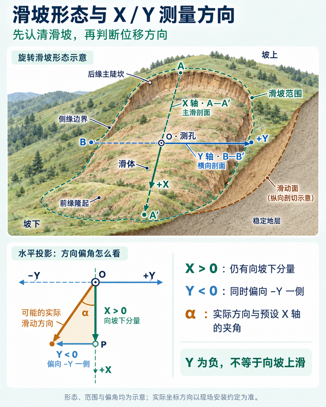 滑坡范围、X/Y测量方向及可能的方向偏差